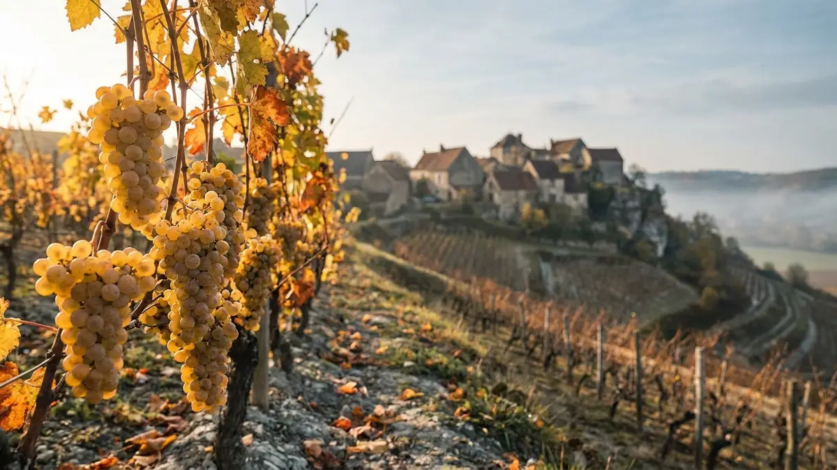Small ripe golden grape clusters on an autumn hillside vineyard below an old stone village in the Jura