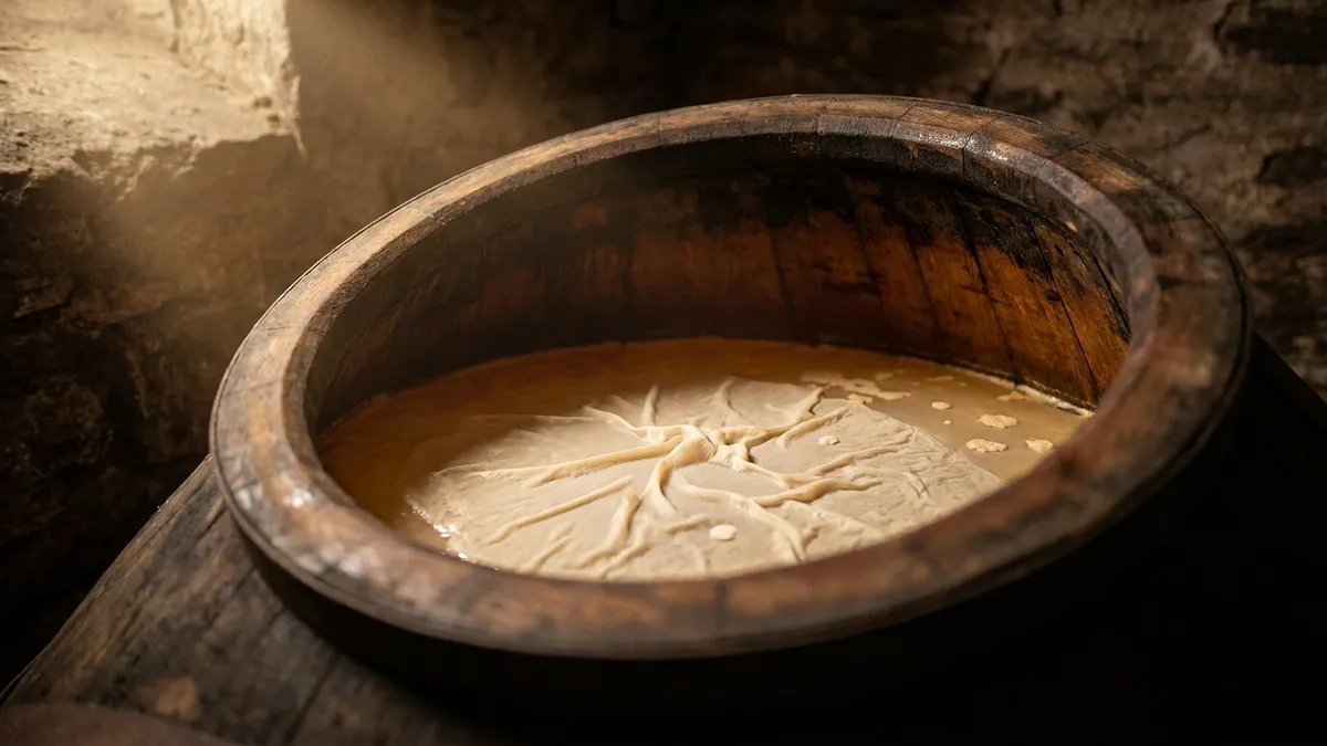 A thin wrinkled film of pale yeast floating on golden wine in an old oak cask in a dim cellar
