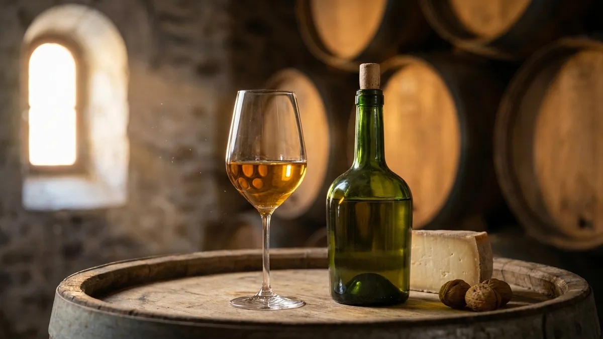 An unlabelled green bottle and a tulip glass of deep golden vin jaune beside aged mountain cheese and walnuts on a barrel in a stone cellar