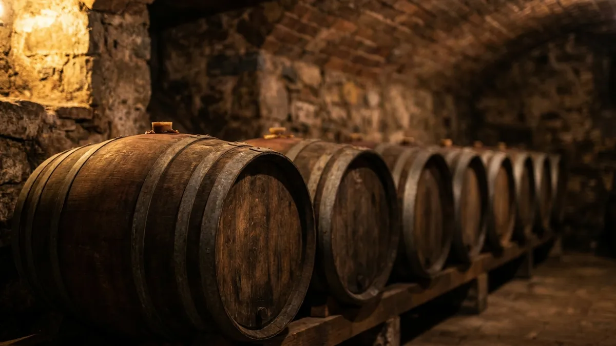 A row of small, dark chestnut and oak barrels with iron hoops resting in a dim stone cellar, lit by a single warm light