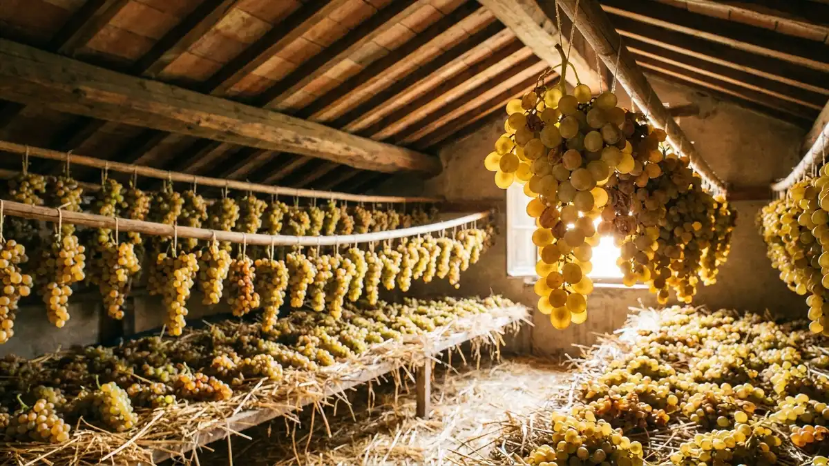 Bunches of golden white grapes hanging from wooden rafters and lying on straw racks in a sunlit Tuscan attic, part-way through drying