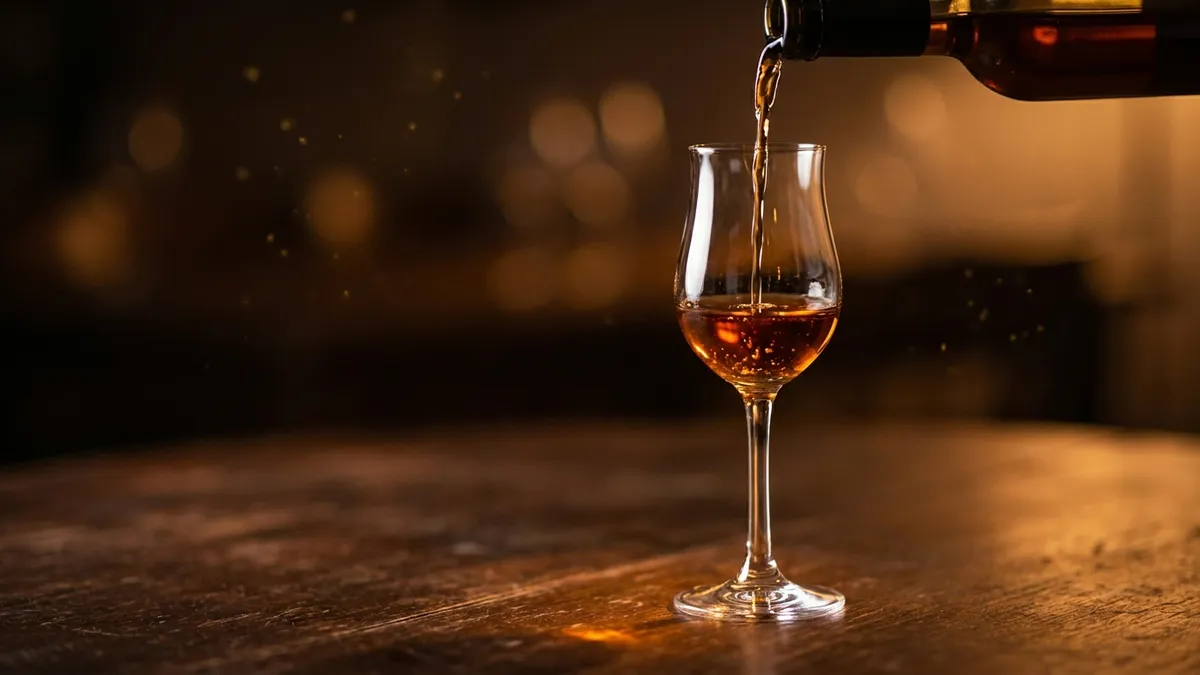 Deep amber vin santo pouring in a thin stream into a small tulip glass on a dark wooden table, glowing in warm side light