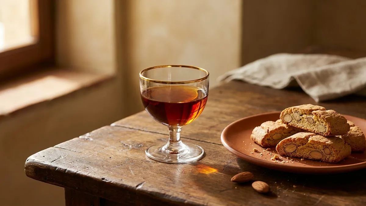 A small stemmed glass of amber vin santo beside a terracotta plate of almond biscuits on a rustic wooden table in warm window light