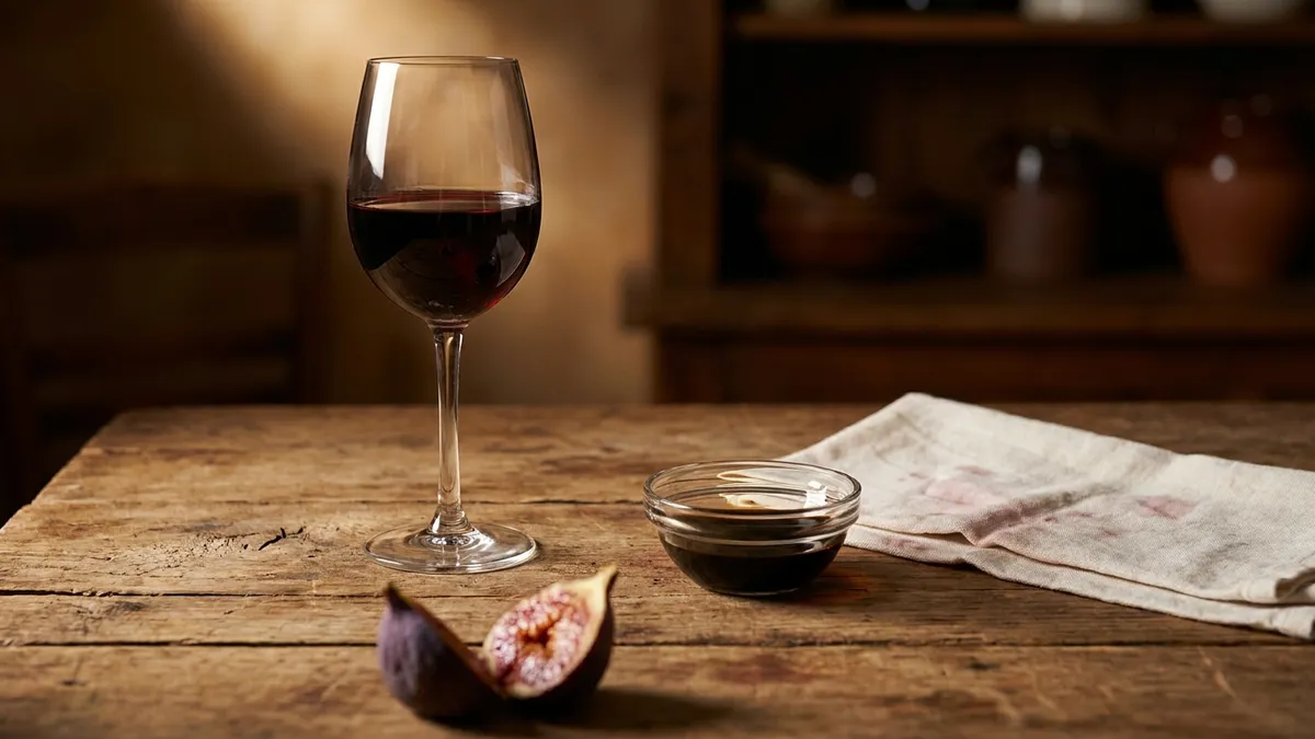 A wine glass beside a small ramekin of red wine vinegar on a stone bench, illustrating how volatile acidity pushes a wine toward sharp vinegar character