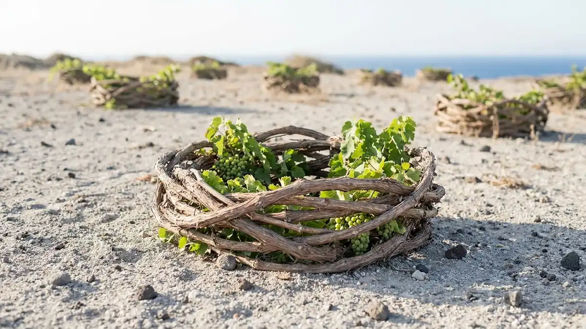 An old grapevine coiled into a low woven basket on pale volcanic ash and pumice, green grape clusters sheltered inside the ring