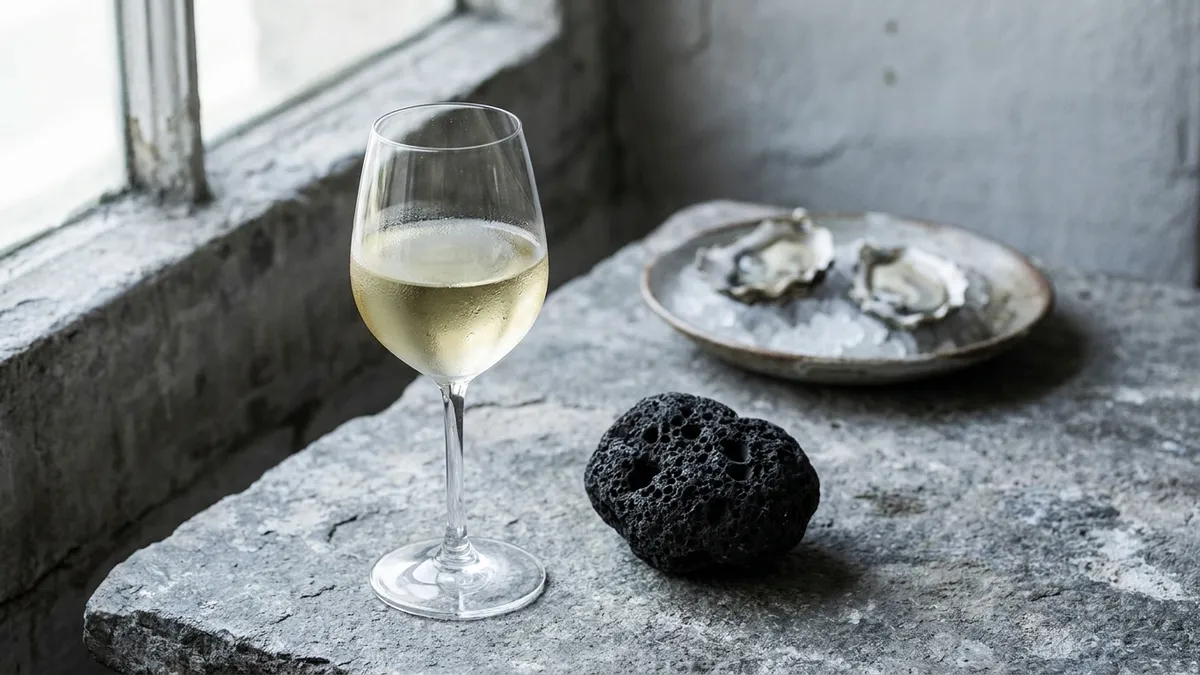 A chilled glass of pale straw white wine beside a porous black lava stone on a grey stone table, with oysters blurred behind
