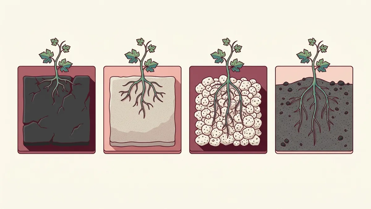 Four soil samples side by side, dense black basalt, pale compacted tuff, porous white pumice and loose dark ash, each with a young vine sprout rooting into it