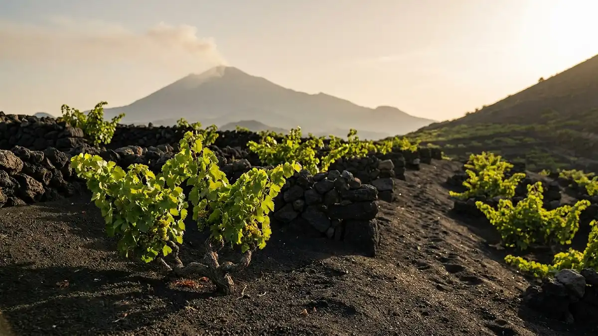 Low grapevines on a terraced slope of black volcanic sand and lava stone, with a smoking volcano in the hazy distance at golden hour