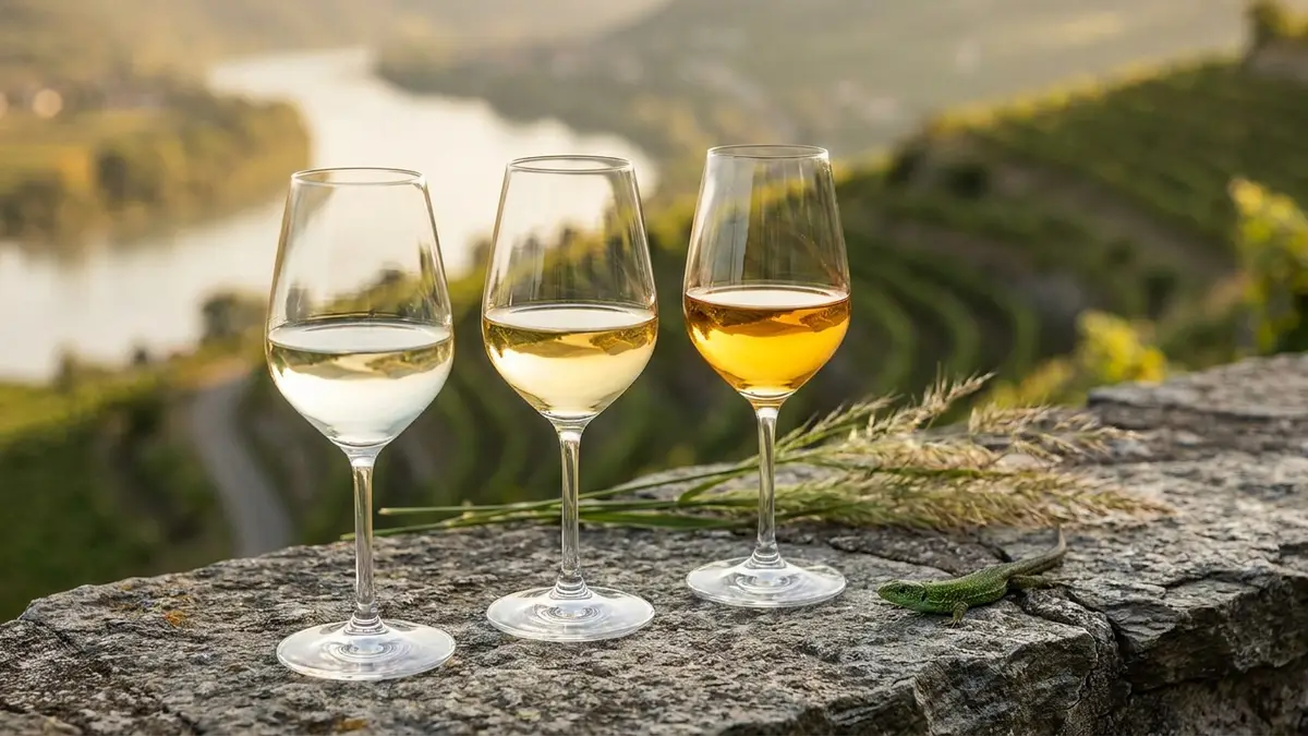 Three glasses of dry Austrian white wine arranged light to full, illustrating the Steinfeder, Federspiel and Smaragd ripeness tiers, vineyard terraces behind