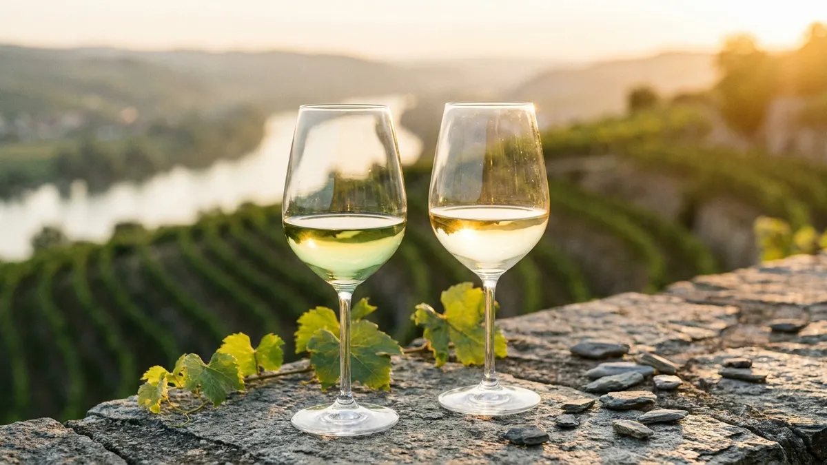 Two glasses of pale gold Austrian white wine, Grüner Veltliner and Riesling, on a stone wall above a terraced Danube vineyard