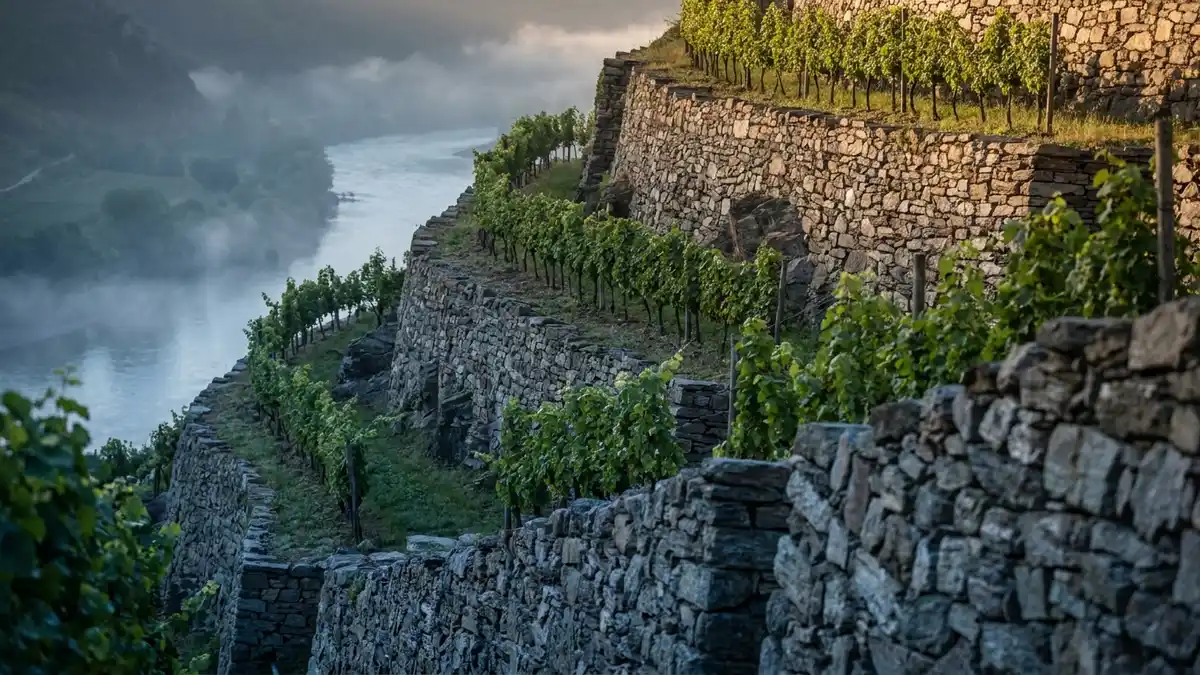 Steep hand-built dry-stone vineyard terraces of grey gneiss rising above the Danube in the Wachau, morning mist in the valley