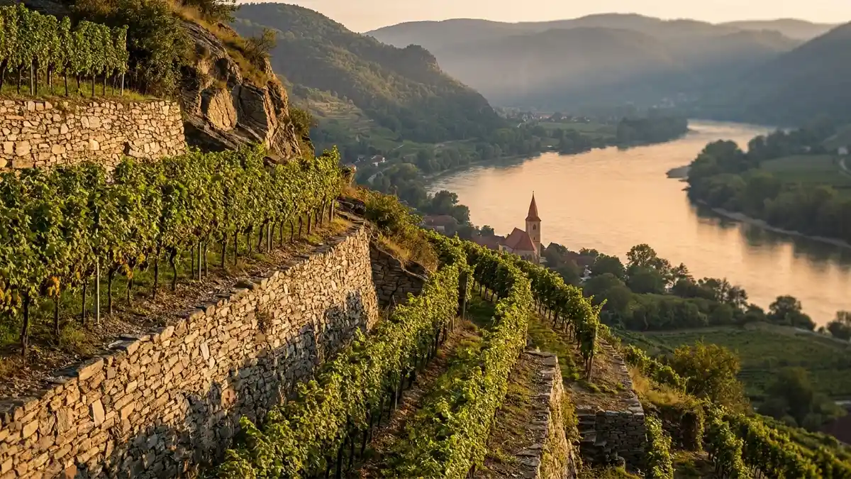 Steep stone-walled vineyard terraces rising above the Danube river in Austria's Wachau valley at golden hour