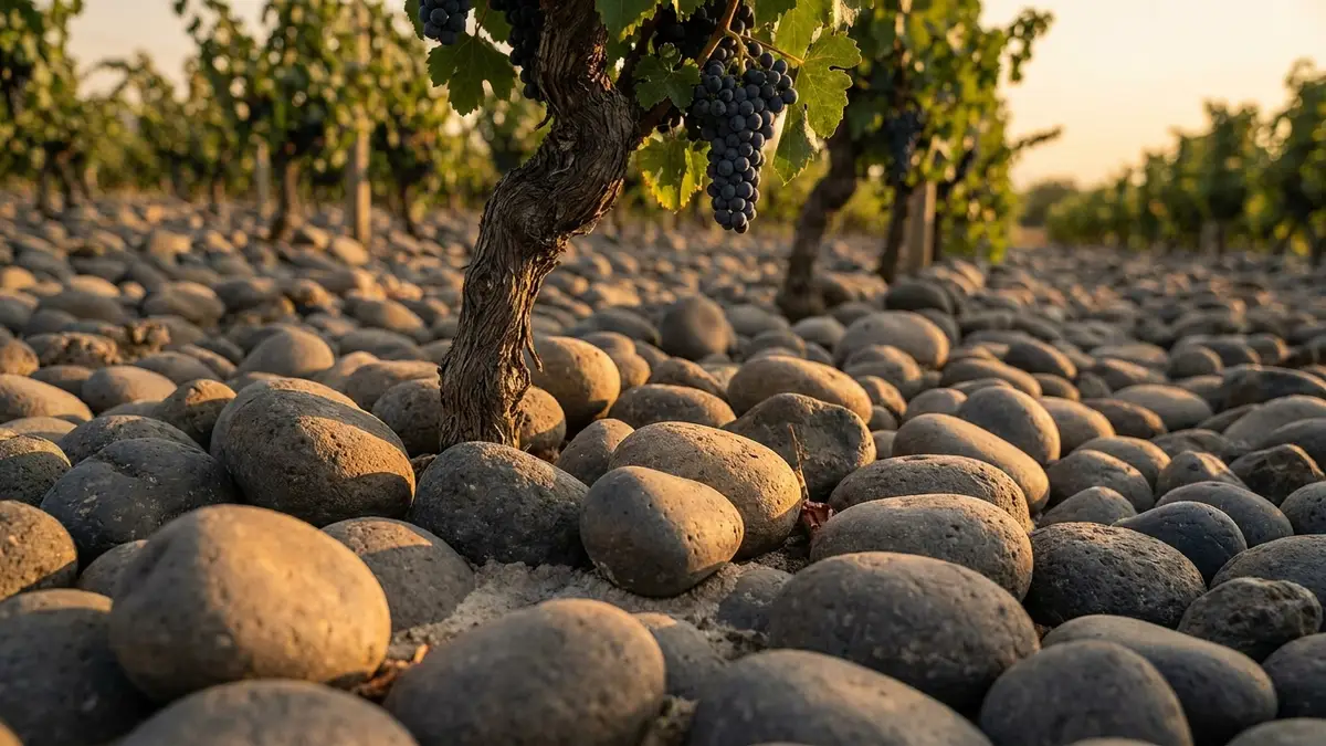 Rounded dark basalt cobblestones covering a vineyard floor around a low grapevine with dark grapes