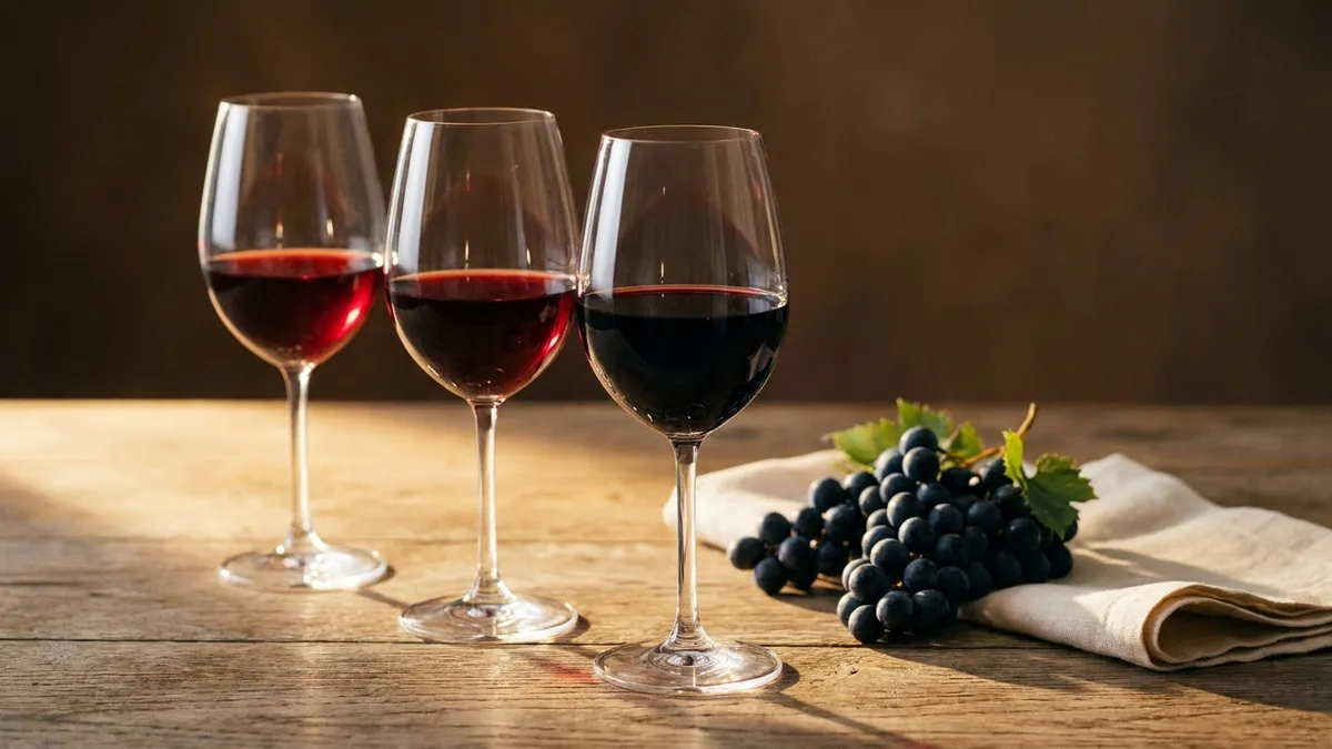 Three glasses of deep red wine on an oak table beside a small cluster of dark grapes in warm evening light