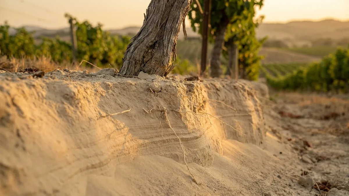 A smooth bank of pale wind-blown silt soil at the edge of a vineyard, with an old vine trunk above it