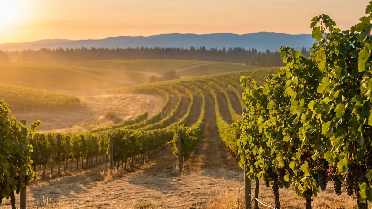 Vineyard rows curving over rolling golden silt hills in the Walla Walla Valley at sunset, with low blue mountains on the horizon