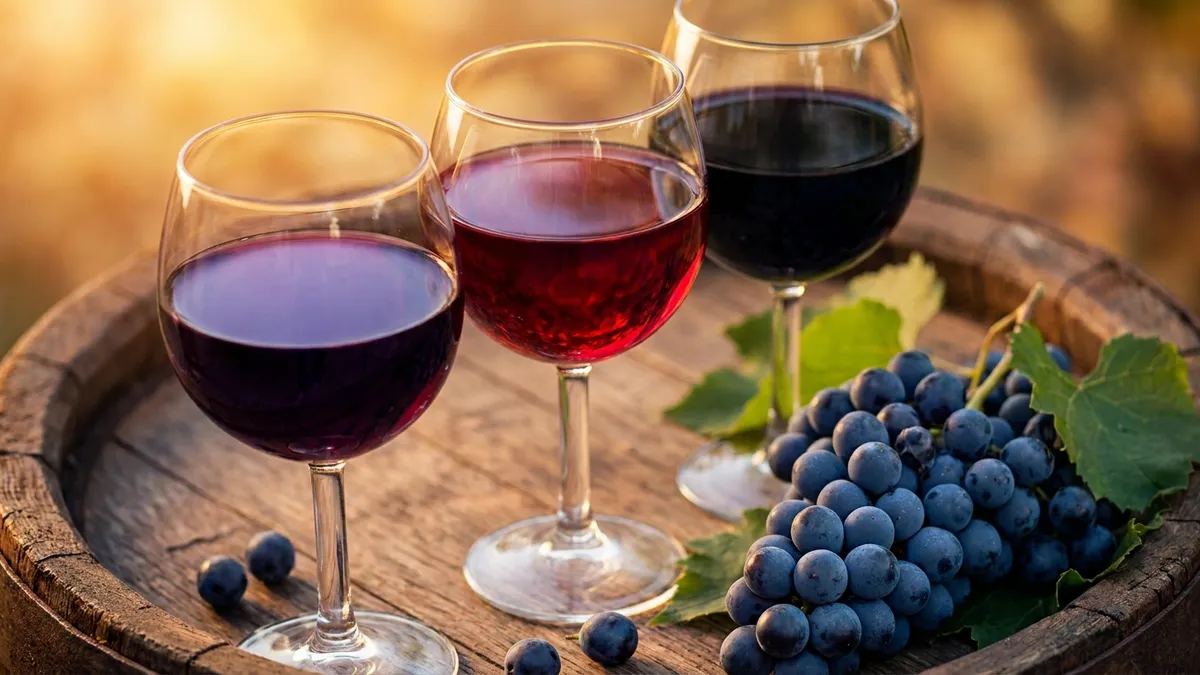 Three glasses of Washington red wine on a rustic wood table, deep purple Cabernet, garnet Merlot, and inky Syrah, with a bunch of dark grapes beside them