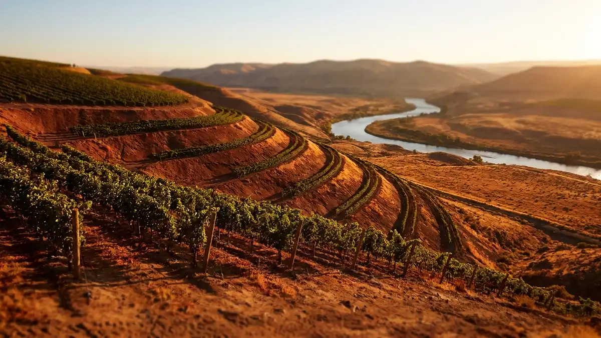 Terraced hillside vineyard on Red Mountain in Washington, reddish sandy soil between rows of vines, the Yakima River winding below under a clear sky
