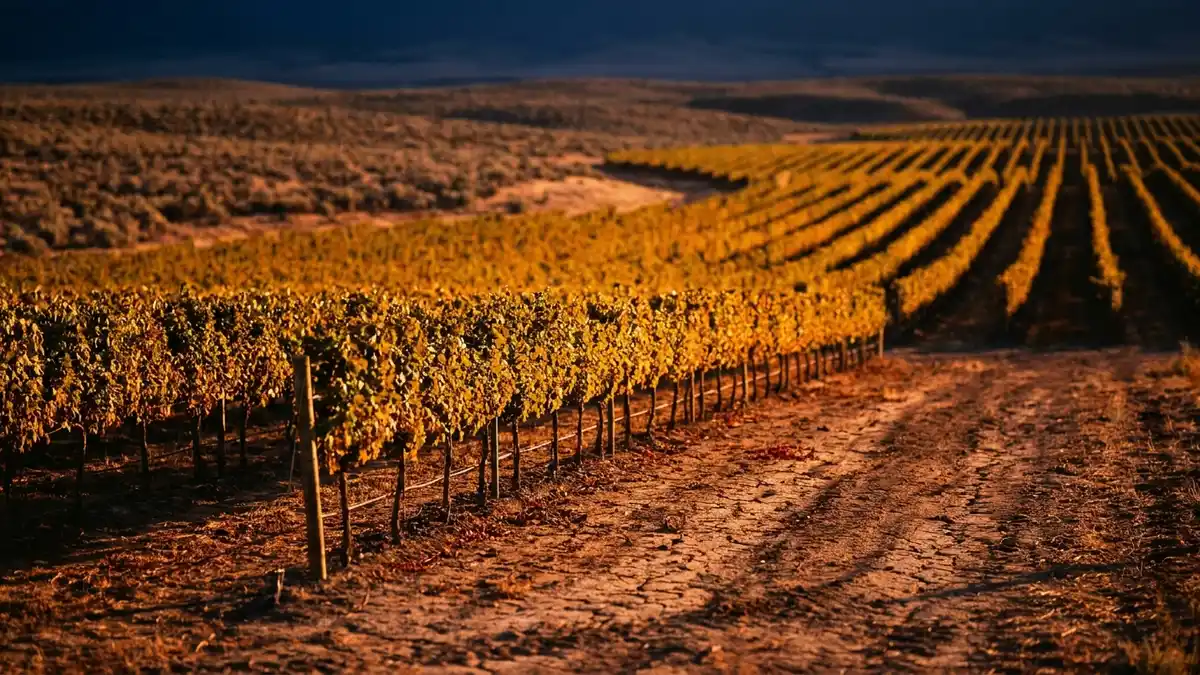 Wide Columbia Valley vineyard at dusk in eastern Washington, neat rows of vines glowing amber against dry sagebrush hills and a deep blue evening sky