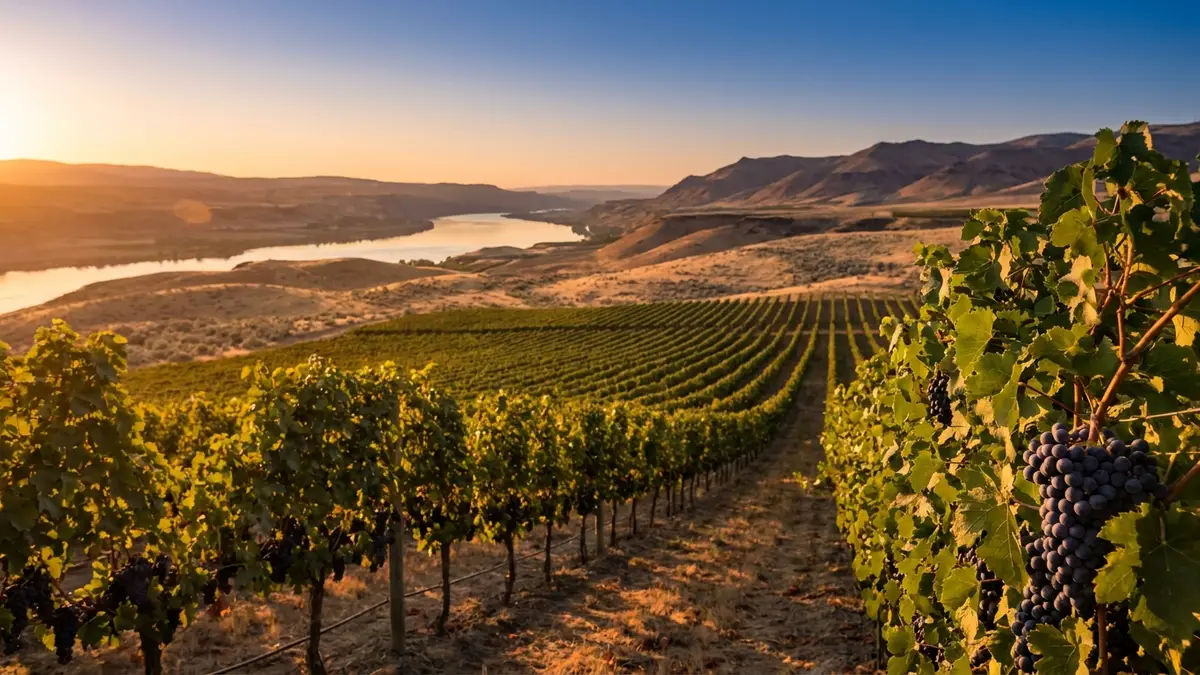 Sun-baked Columbia Valley vineyard rows in Washington State at golden hour, sagebrush hills and a wide river bend in the distance