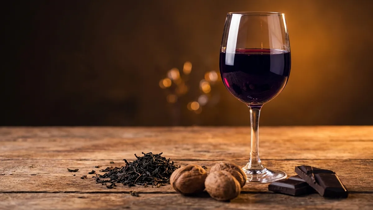 Close-up of a glass of deep red wine showing rich color intensity