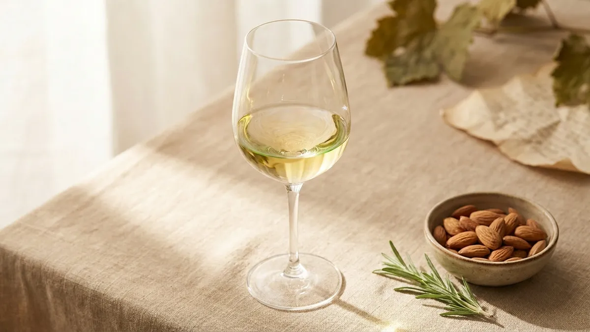 A glass of pale gold dry white wine set beside a small dish of unsalted almonds in warm afternoon light