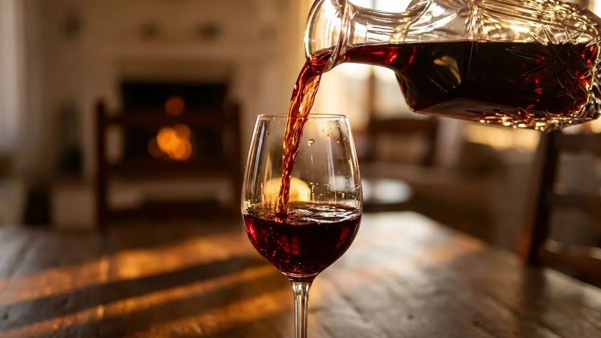 Red wine being poured in a smooth stream from a wide crystal decanter into a stemmed glass on a warmly lit table, the clear wine catching soft amber light