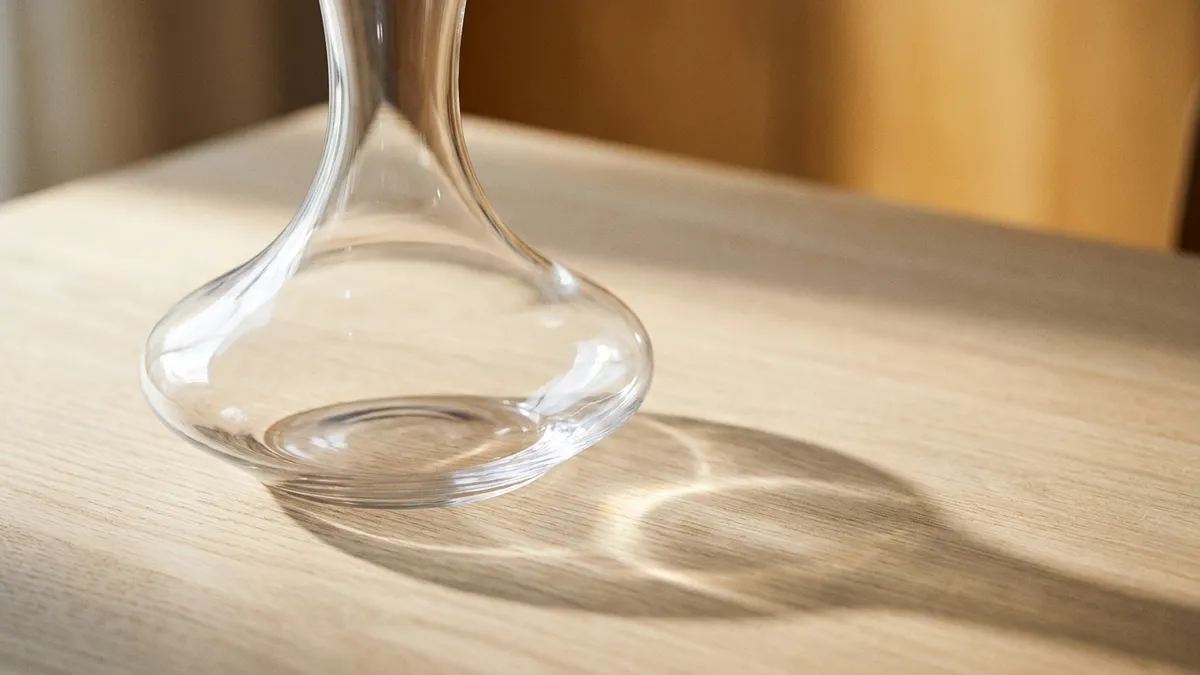 An elegant empty crystal decanter with a wide rounded base and slender neck standing on a pale oak surface, soft window light catching the curves of the clear glass