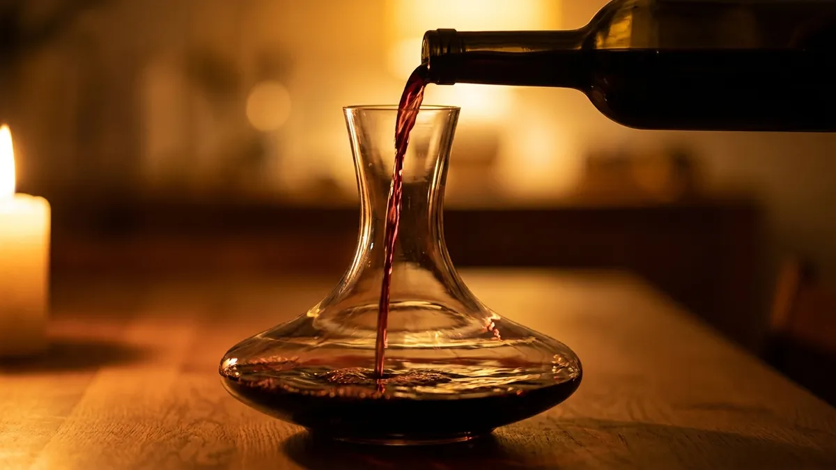 Red wine being poured in a thin stream from a bottle into a wide crystal decanter on a candlelit table, warm amber light glowing through the glass
