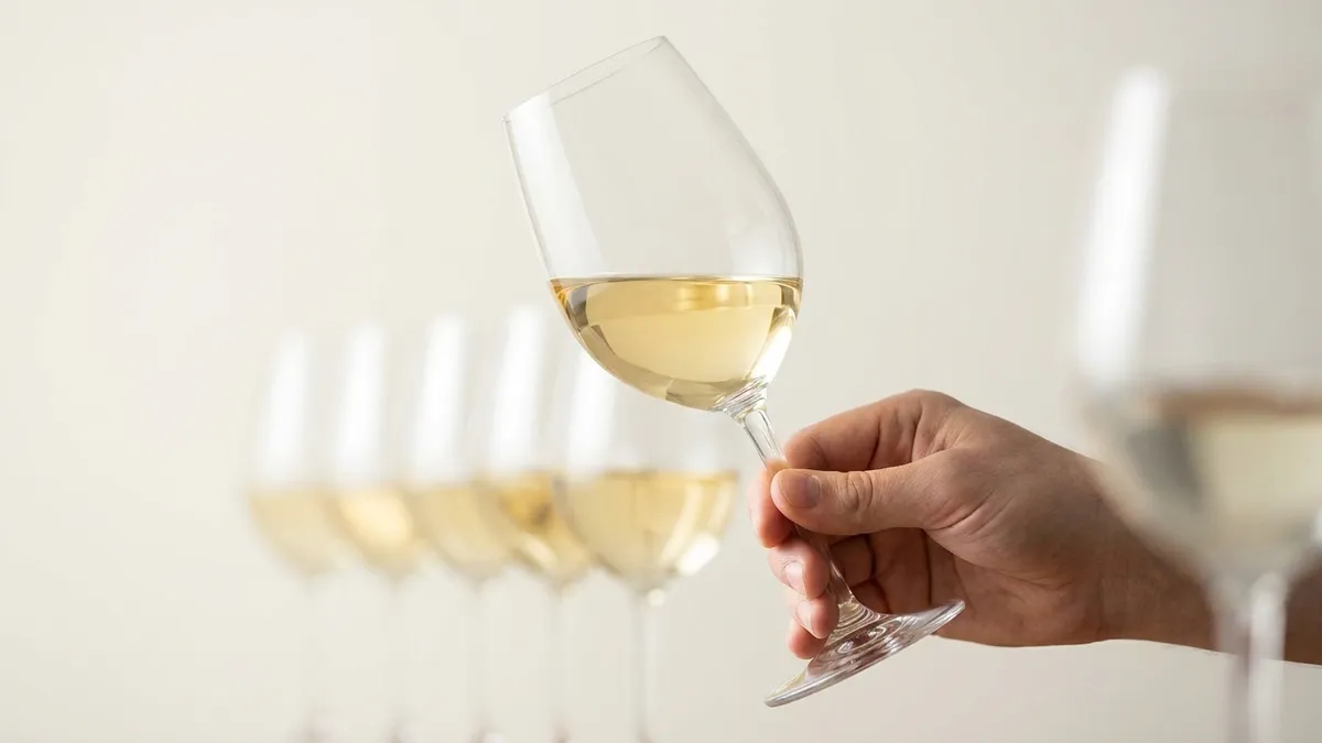 A person holding a glass of white wine up to the light against a plain pale background, studying its colour with focused concentration, five more glasses lined up out of focus beside them