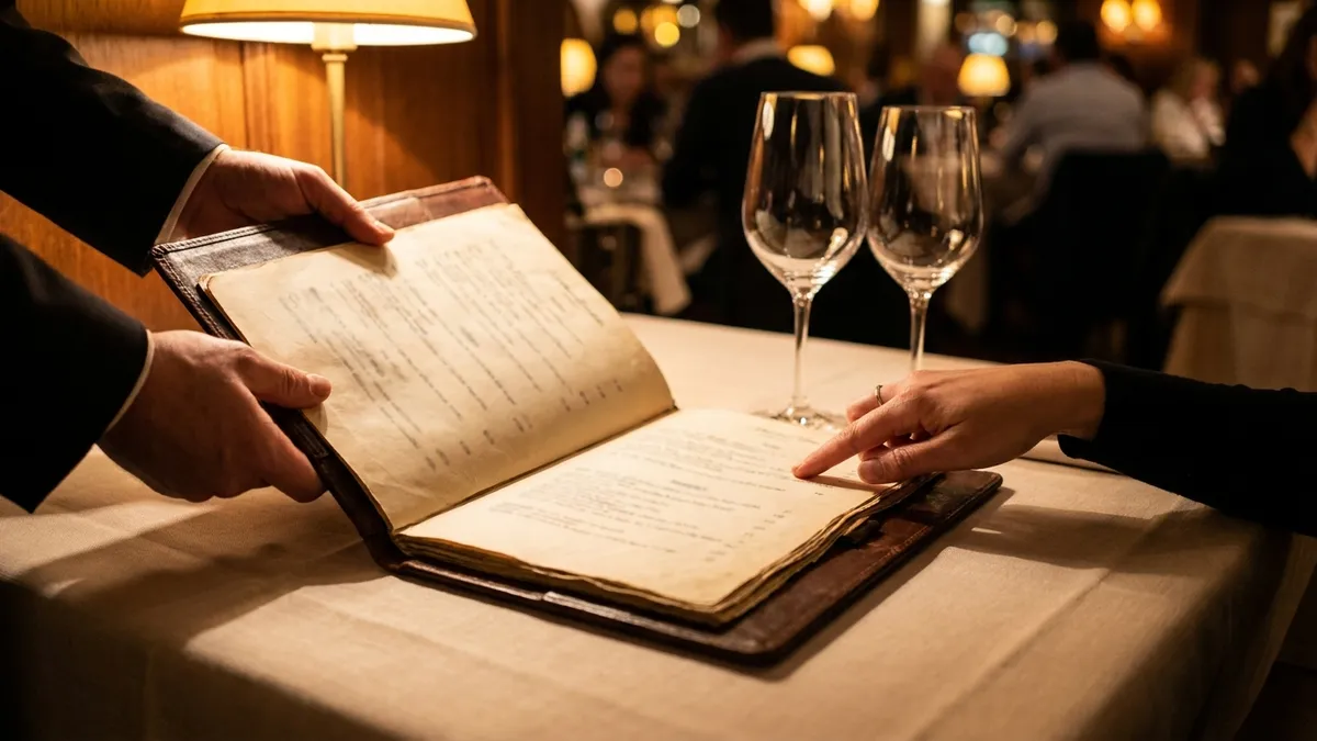 A sommelier's hands presenting an open leather wine list on a restaurant table beside two empty glasses, warm low lighting, the guest's hand gesturing toward the page