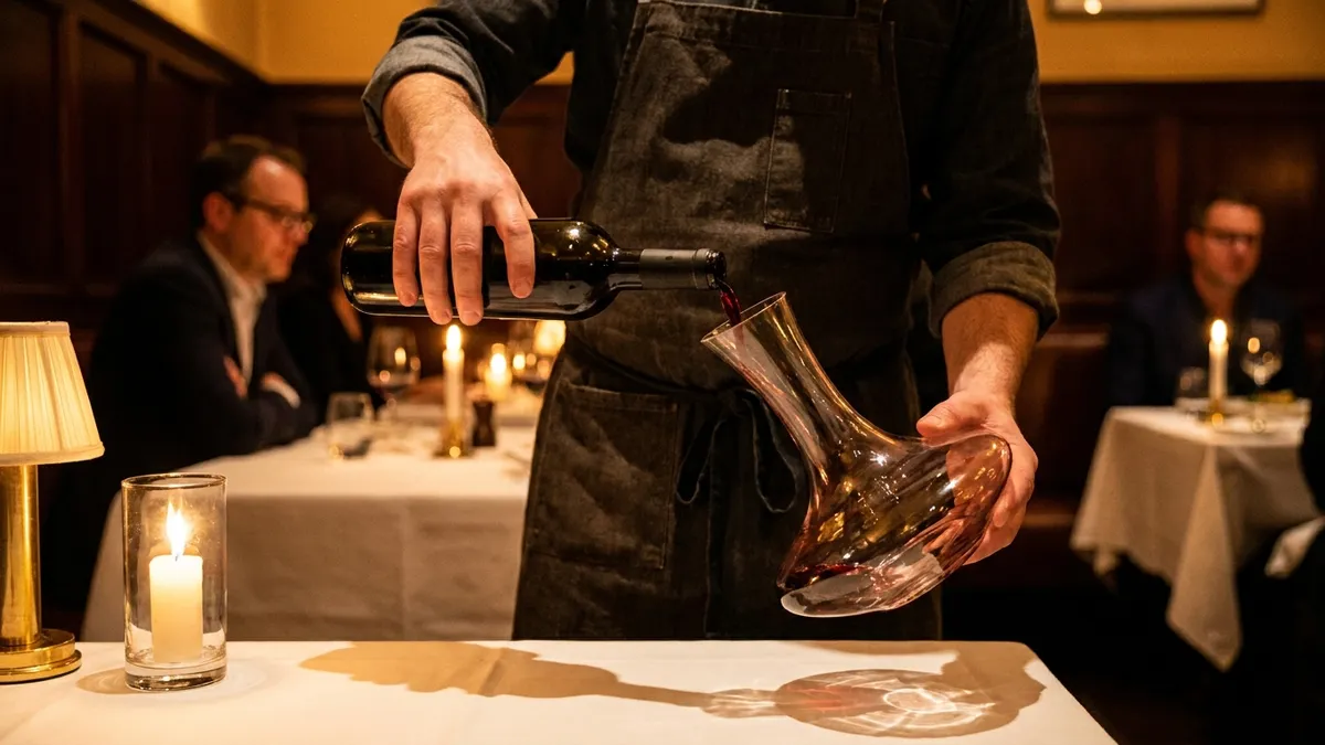 A sommelier in a dark apron decanting red wine at a candlelit restaurant table, hands and glass in sharp focus, guests softly blurred in the warm background
