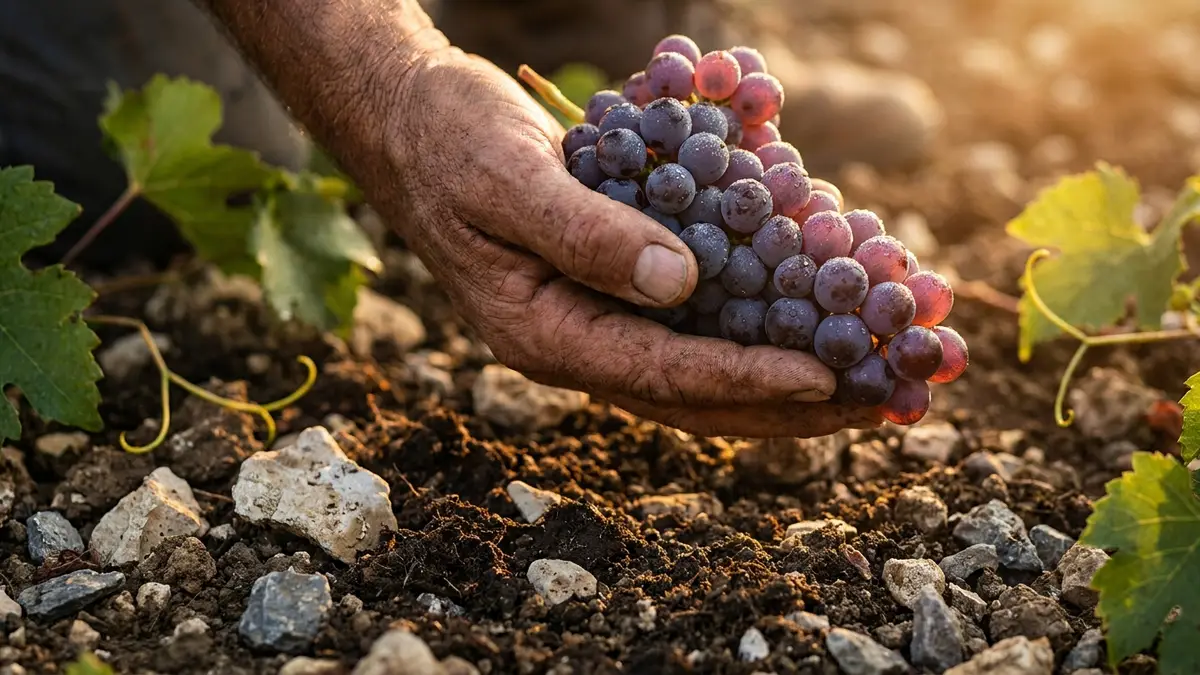Vineyard rows on a hillside with different soil types visible in the exposed earth