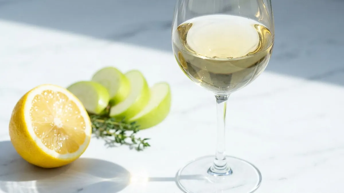 A crisp glass of white wine with condensation alongside a lemon wedge