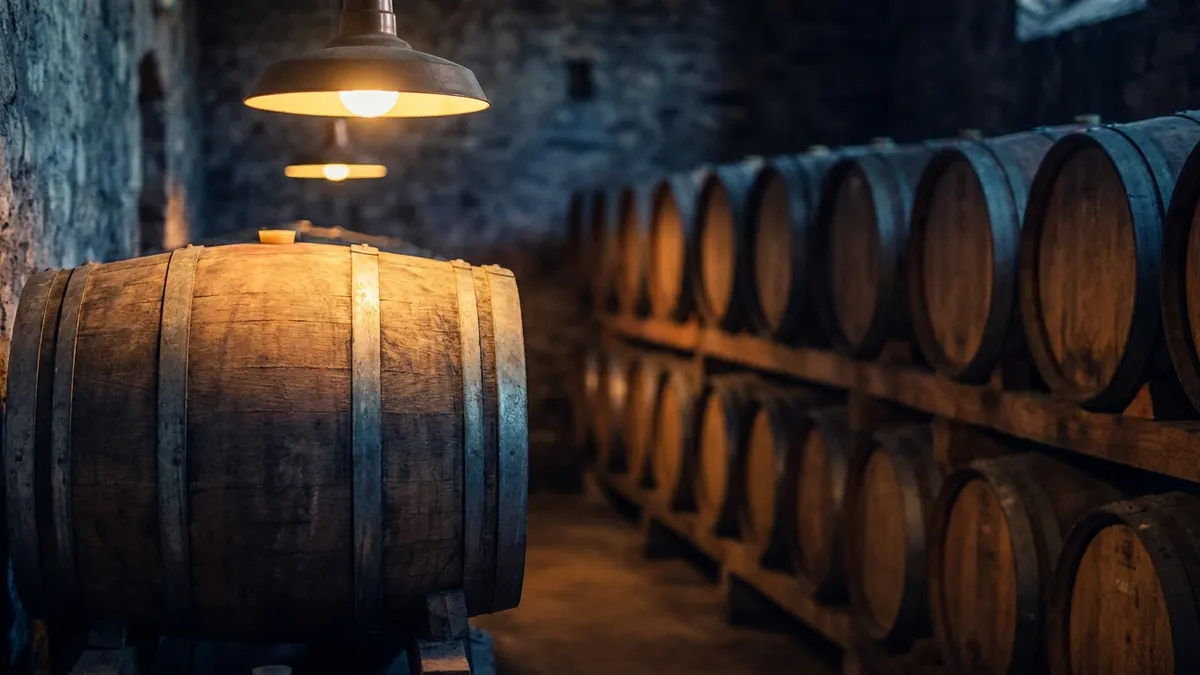 Rows of dark, weathered oak wine barrels stacked in a dim cellar, lit by a single warm overhead light