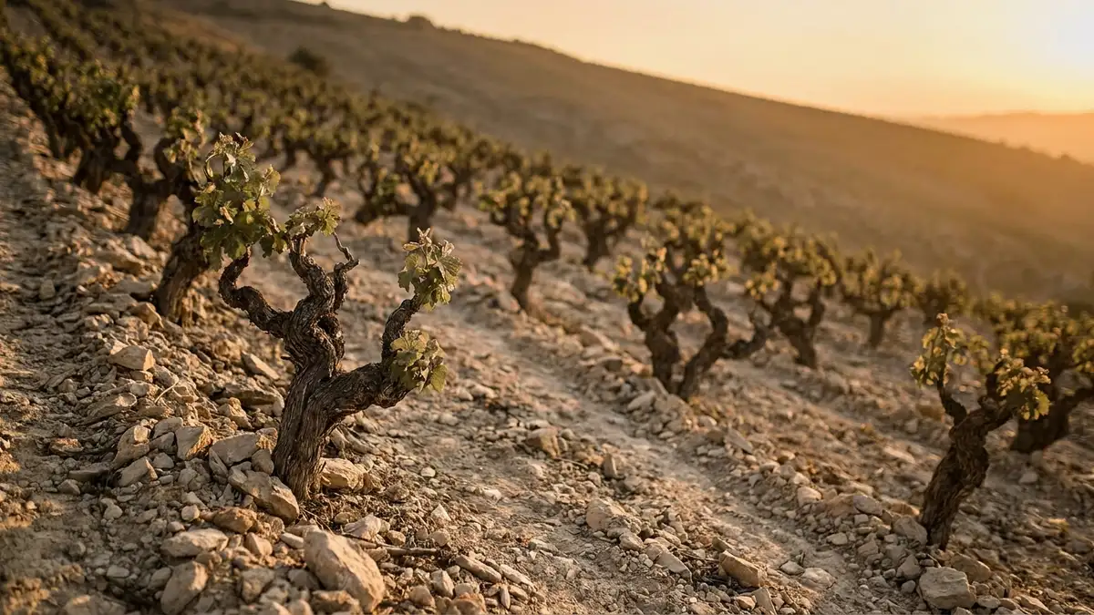 A steep rocky hillside vineyard with widely spaced, low-yield vine rows and thin pale soil in warm late-day light
