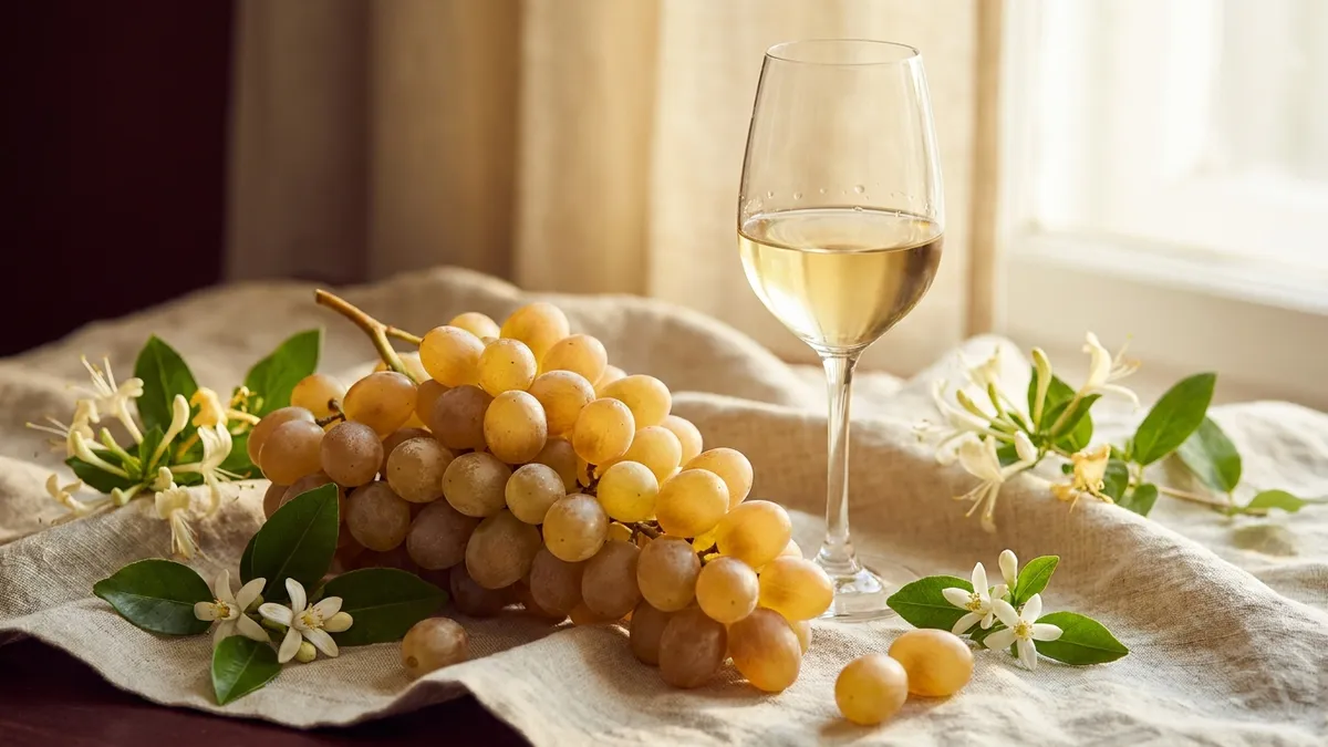 A tight cluster of golden Muscat grapes on a linen cloth beside a tulip glass of pale wine, with sprigs of honeysuckle and orange blossom in soft morning light