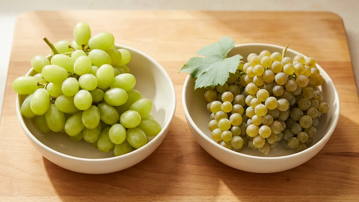 Two shallow bowls side by side on a wooden board: large plump seedless green table grapes on the left and a small, tight cluster of golden wine grapes with a vine leaf on the right