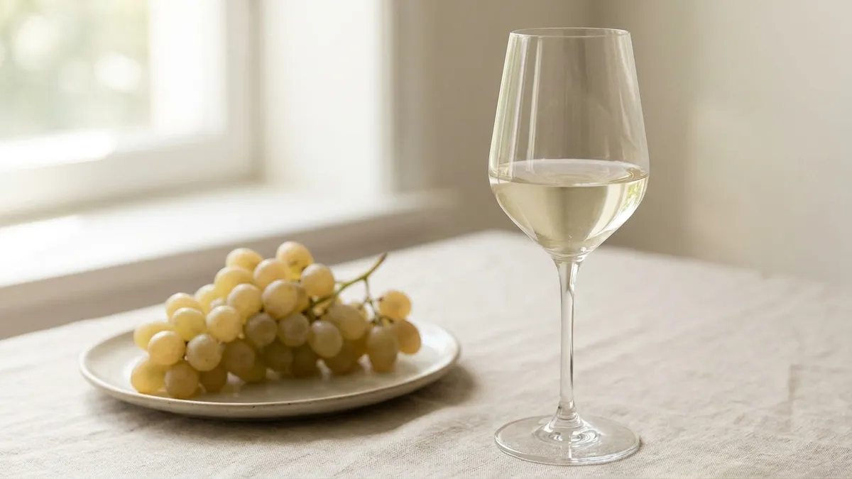 Pale green grapes beside a glass of clear white wine with no red pigment