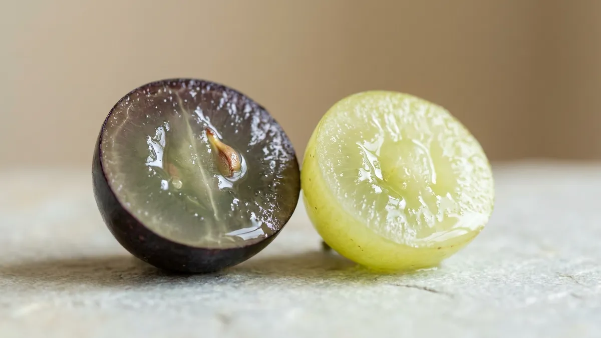 Cross-section of a dark red grape next to a green grape showing clear pale pulp inside both