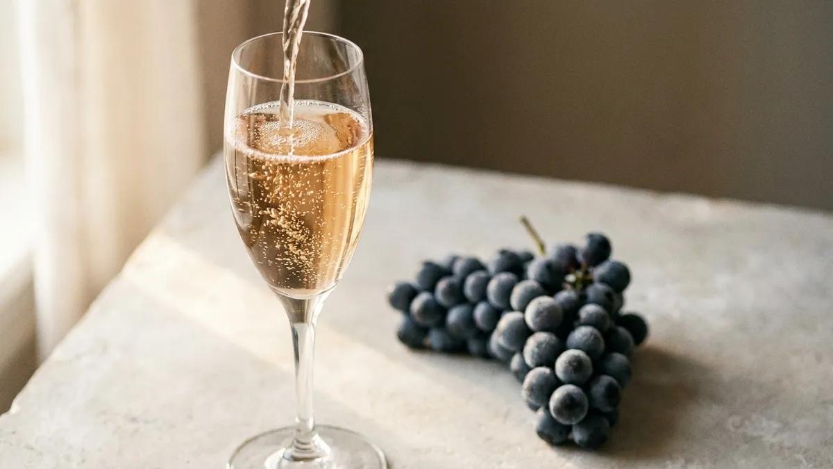 Pale gold Champagne being poured into a flute beside dark Pinot Noir grapes