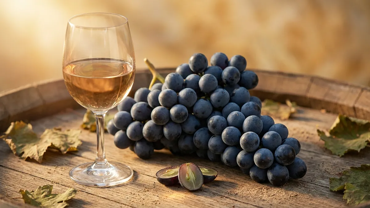 A glass of pale bronze-gold white wine beside a cluster of dark blue-black red wine grapes on a sunlit wooden table