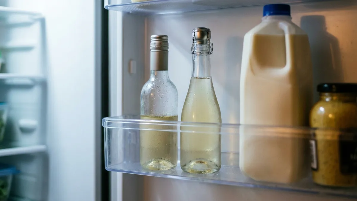 A half-full mini bottle of white wine with its screw cap on, and a small sparkling bottle with a metal stopper, on a refrigerator door shelf