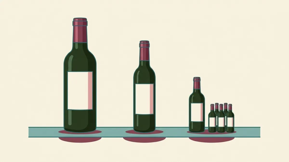 Three plain wine bottles to scale: a standard bottle, a half bottle and a small quarter bottle, with a group of tiny bottles beside them