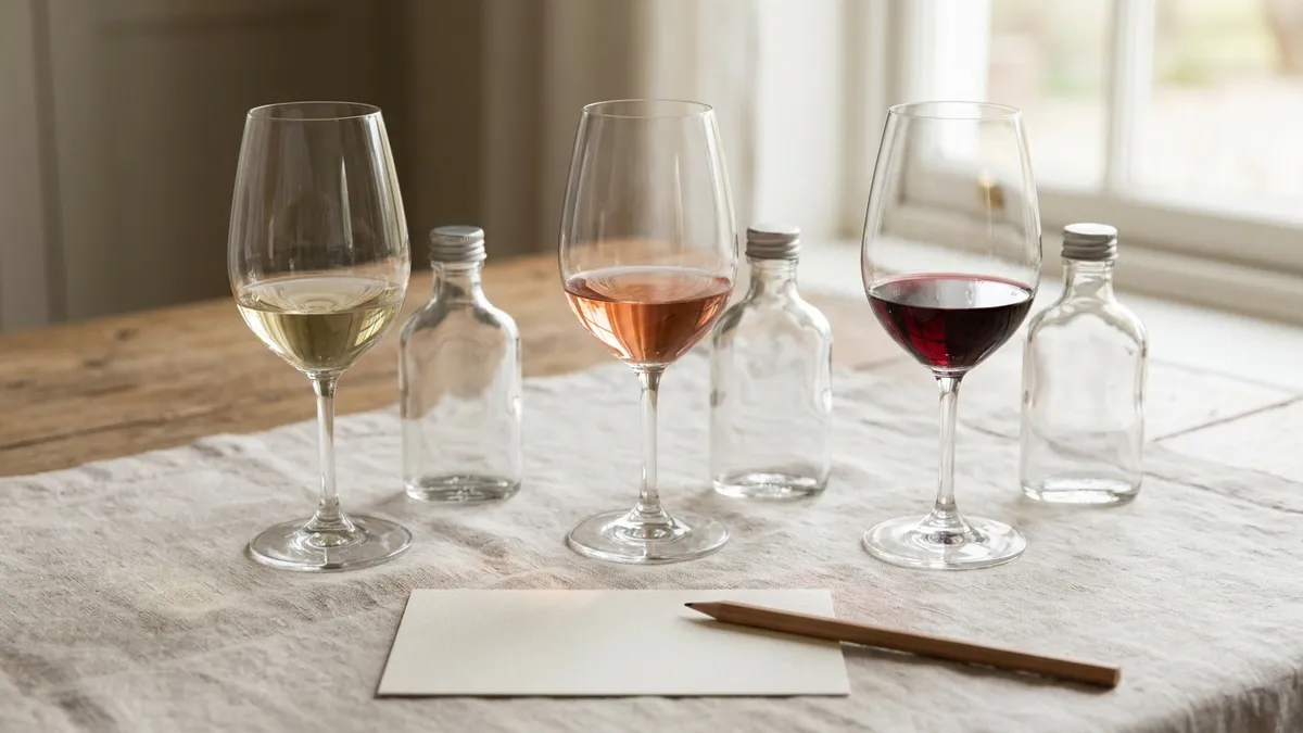 Three glasses of white, rosé and red wine on a linen tablecloth, each with an empty mini bottle behind it and a blank notecard in front