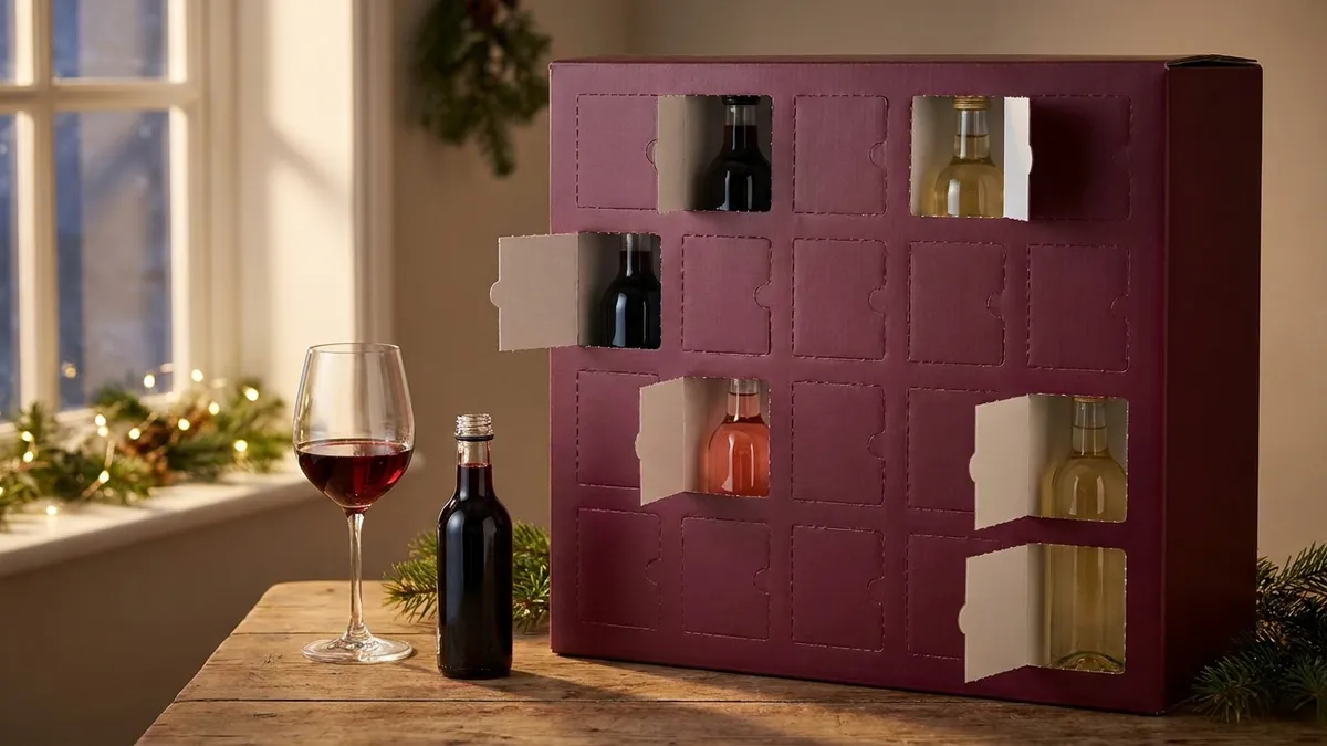 A burgundy advent box with several small doors open, each revealing a mini bottle of white, rosé or red wine, beside a glass of ruby red