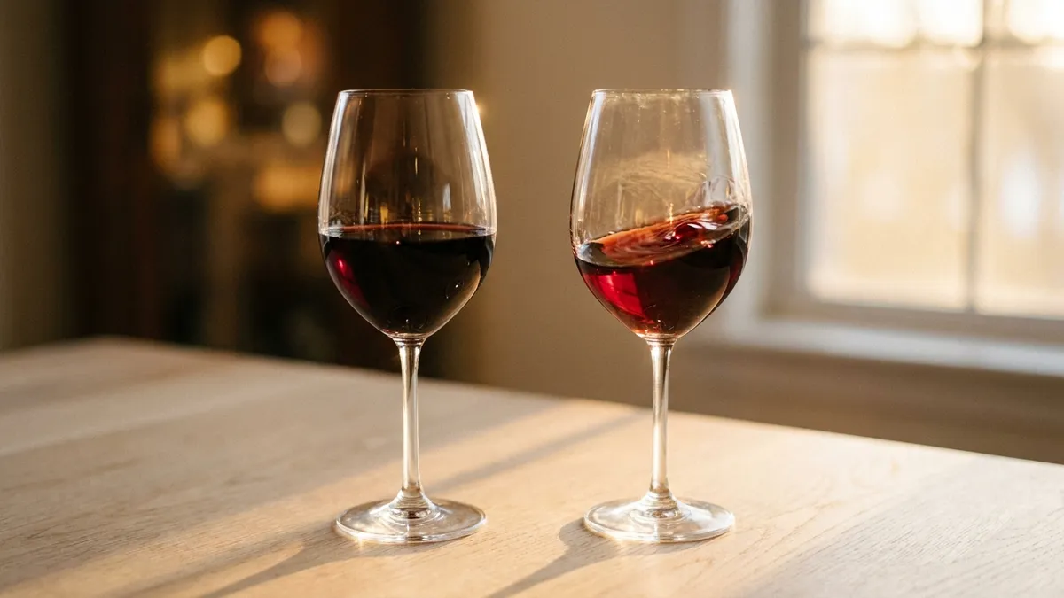 Two glasses of young red wine side by side on a wooden surface, one visibly more open and glowing, warm natural light