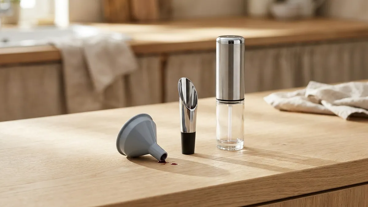 A tidy row of different wine aerator styles on a pale wooden counter — a handheld pour-through, an on-bottle model, and an electric pump, in soft daylight