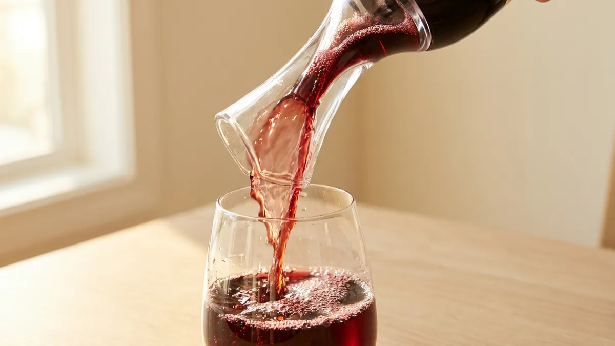 A pour-through wine aerator dispensing a stream of red wine into a glass, fine bubbles visible in the flow, warm side light