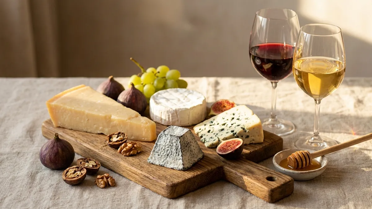 Wooden cheese board with wedges of brie, aged cheddar, blue cheese, and fresh chevre served alongside a glass of red wine and a glass of white wine